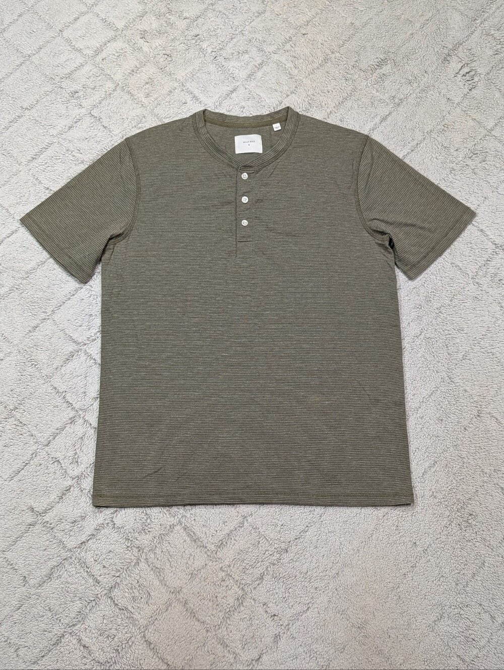 Billy Reid Shirt Mens M Green Olive Stripe Short Sleeve Henley Cotton Casual